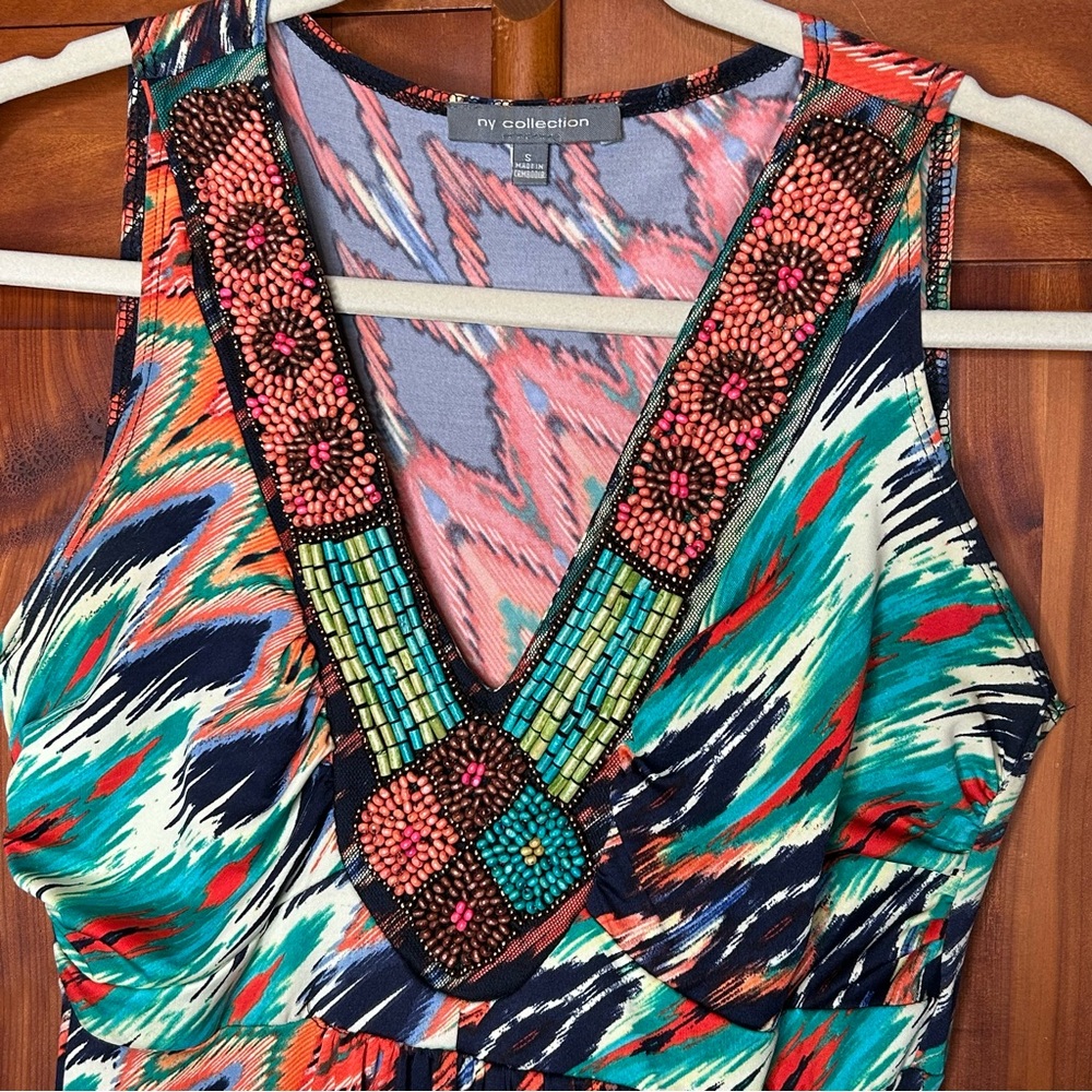 NY Collection Vintage Multicolor Zigzag Beaded Boho Maxi Sleeveless Dress Island - Picture 6 of 17